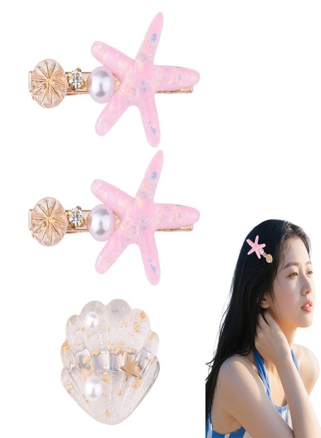 Sdopbinbin Starfish Seashell Hair Accessories for Women Girls Kids Pink Starfish Hair Clip Halloween Hair Clips Barrette for Women Sea Star Shell Hair Clip Beach Ocean Hair Clips for Girls Seashell Hairpins 3Pcs - Image 1
